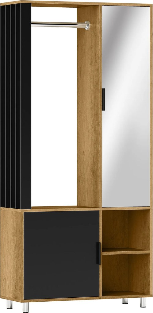 HOMCOM Modern Dresszáló Szekrény Tükröt, Nyitott Rekeszeket és Szekrény Rúdjat Tartalmazó Tárolóelem, 80 x 30 x 170 cm, Természetes Fa | Aosom