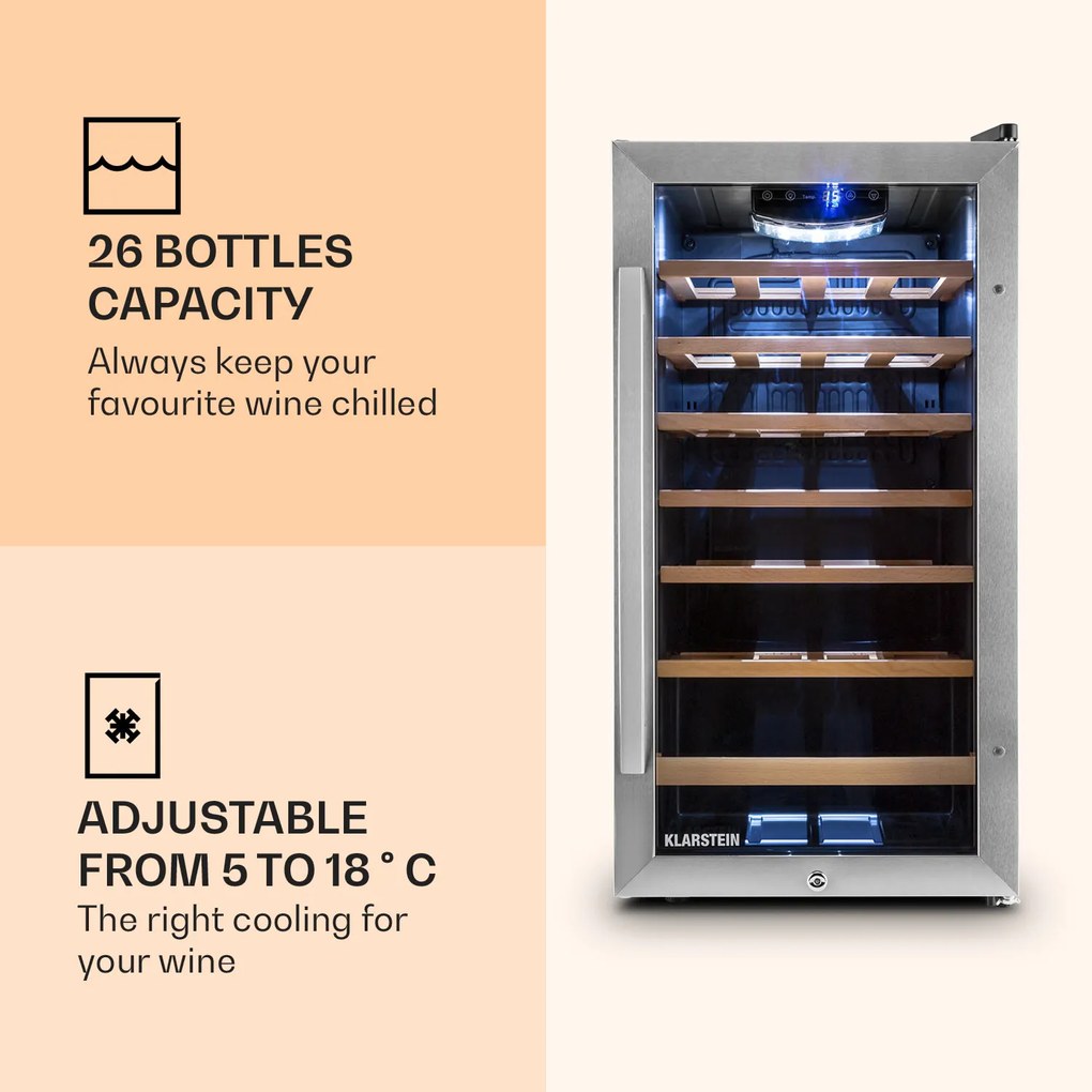 Klarstein Vivo Vino 26, 88 liter, borhűtő, 26 palack, fekete, LED