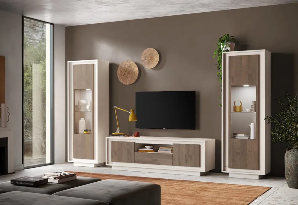 SKY 2.0 TV-szekrény 2 ajtóval és 1 fiókkal, kasmír színű laminált vázzal és Mercure tölgy mintázatú laminált előlapokkal