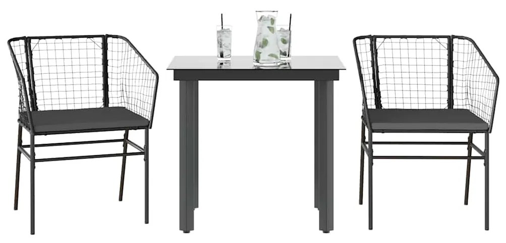 vidaXL 3 részes fekete polyrattan üveg kerti étkezőgarnitúra párnákkal