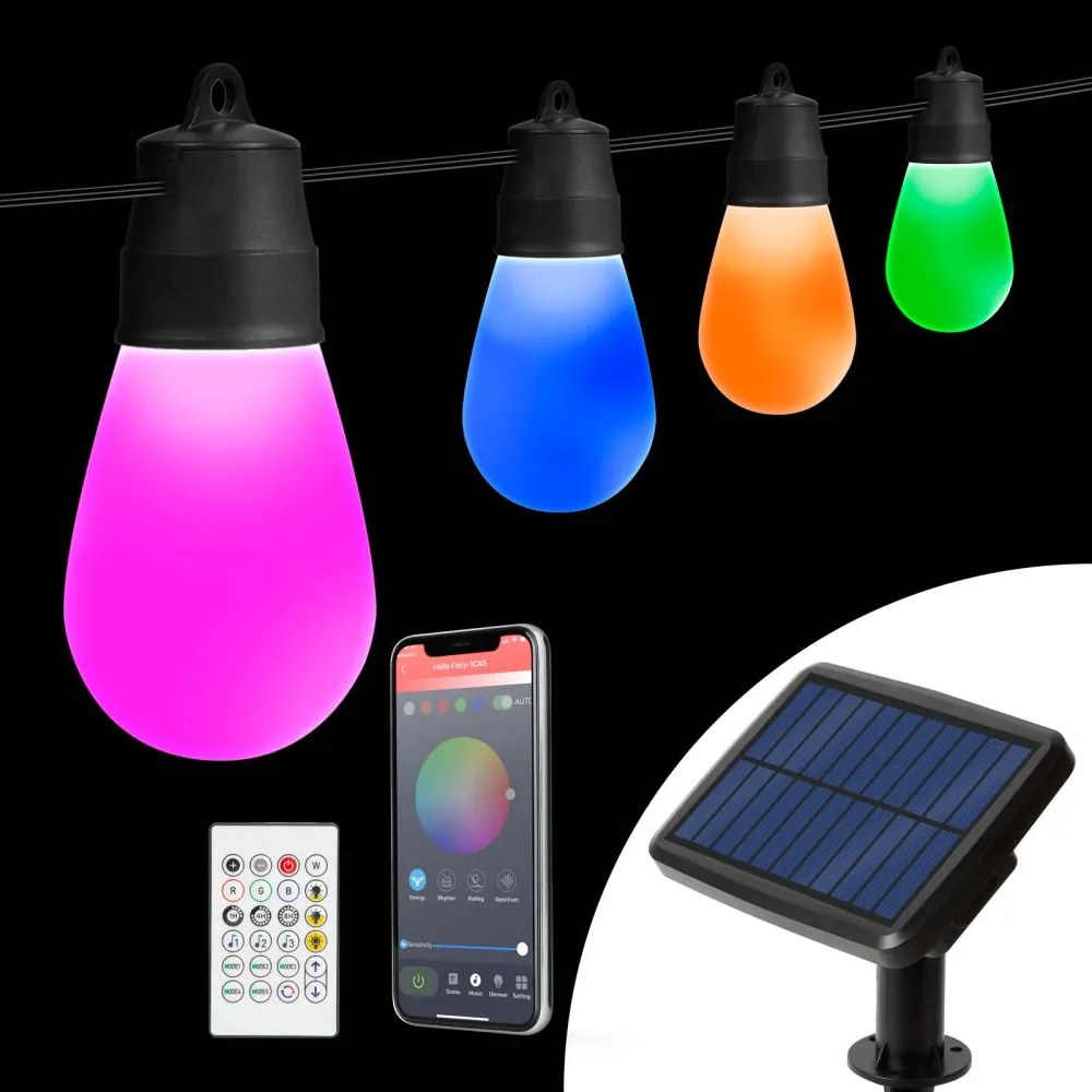 LED RGBIC napelemes fényfüzér 15xLED/1,3W/3,7V 2200 mAh 8 m IP65 fekete + távirányító