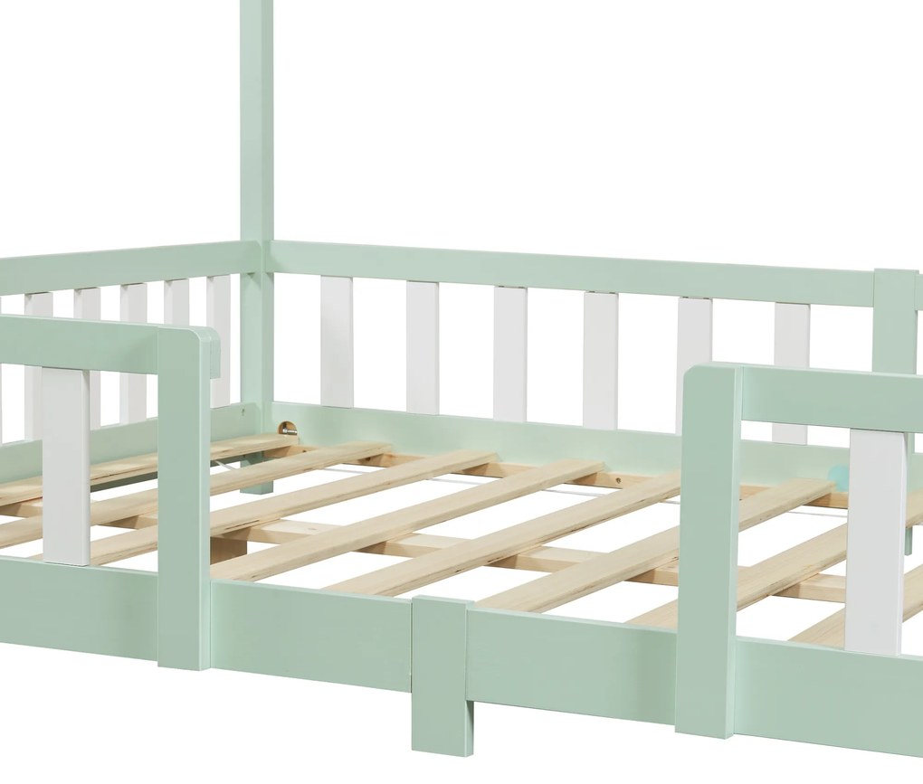 Házikó gyerekágy Treviolo leesésgátlóval és matraccal 140x200 cm mentazöld [en.casa]