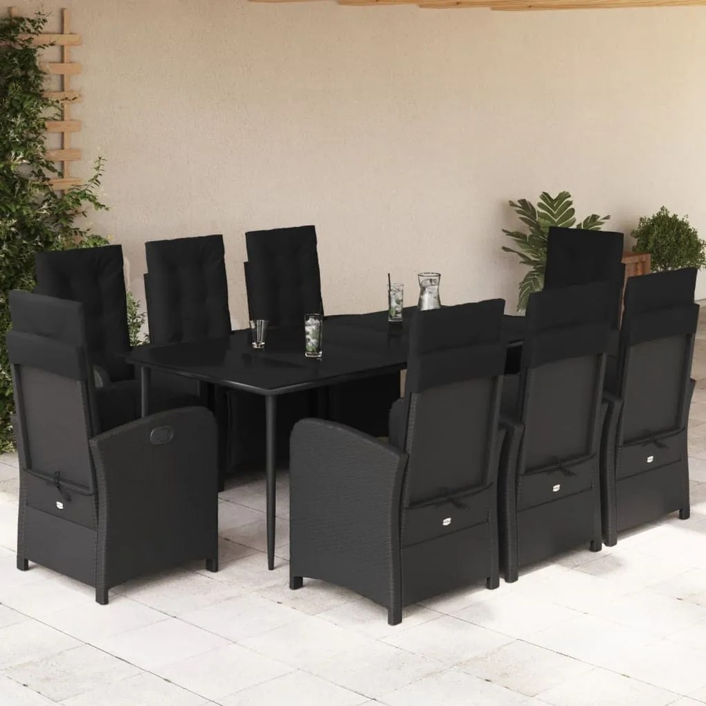 9 részes fekete polyrattan kerti étkezőgarnitúra párnákkal