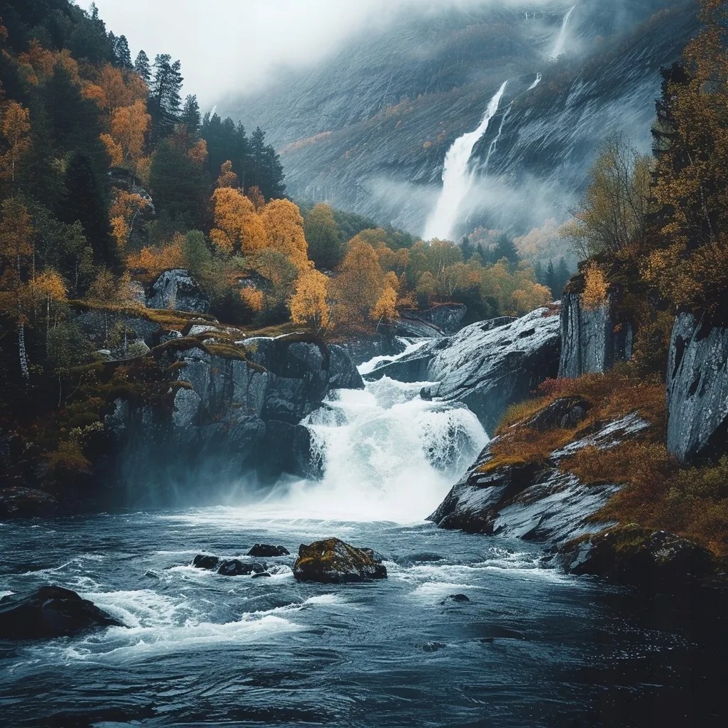 Canvas Vászonkép Tájkép Ősz Erdő Hegyek Sziklák Vízesés Folyó 80x80