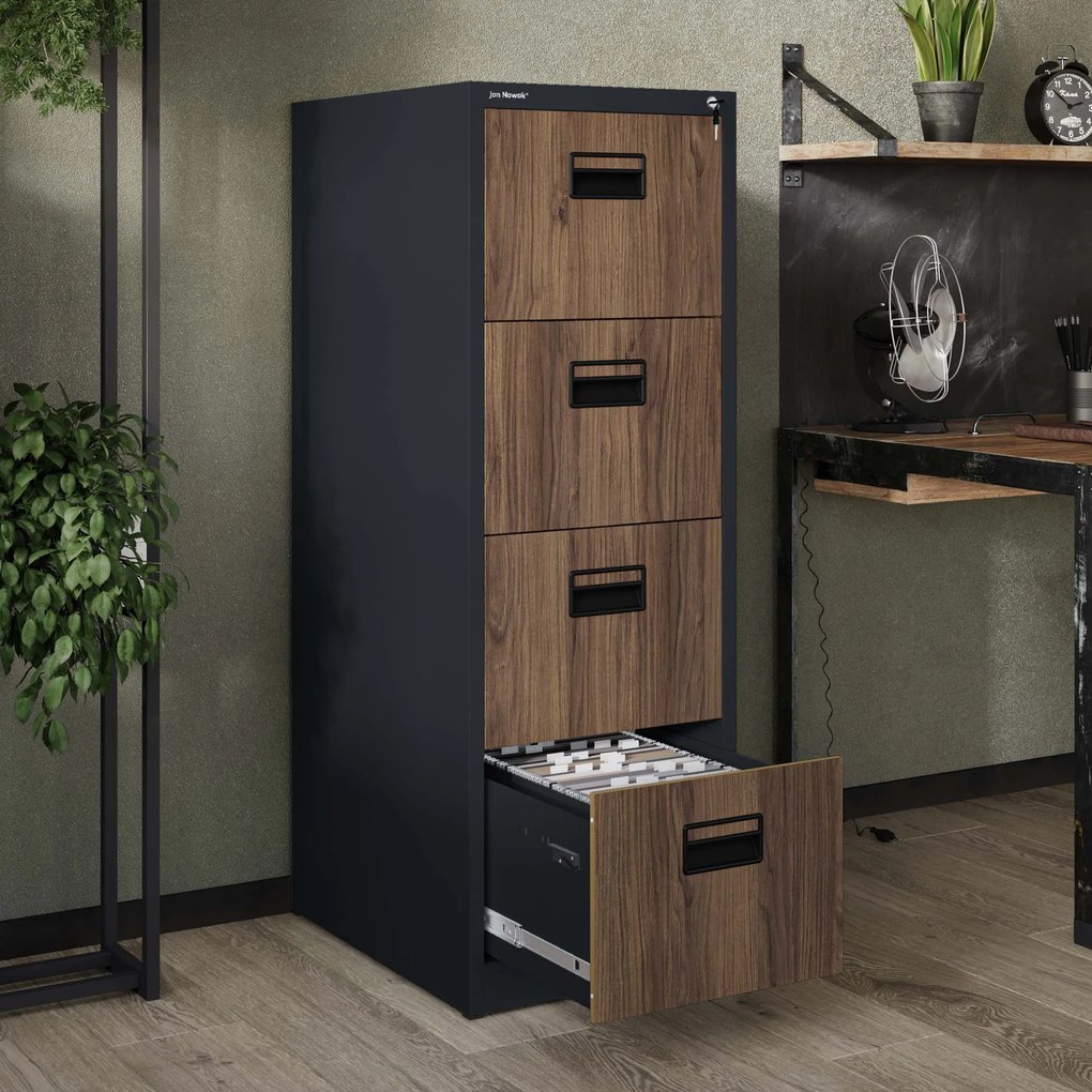 Fém irattartó szekrény, 4 fiókos SARA V4, 460 x 1320 x 620 mm, Eco Design: antracit/ dió