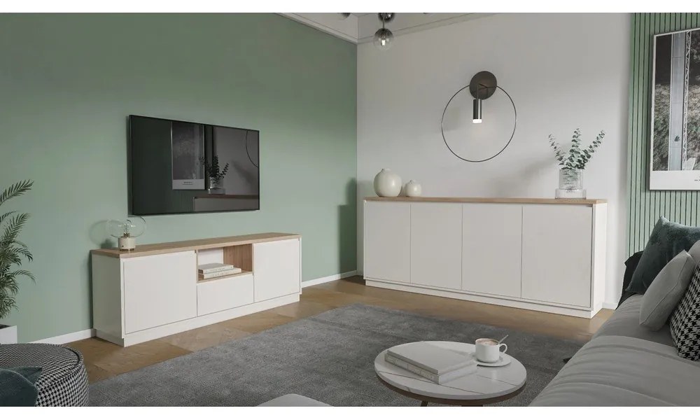 Bézs TV-állvány tölgyfa dekorral 161x55x40 cm Loreta – Marckeric