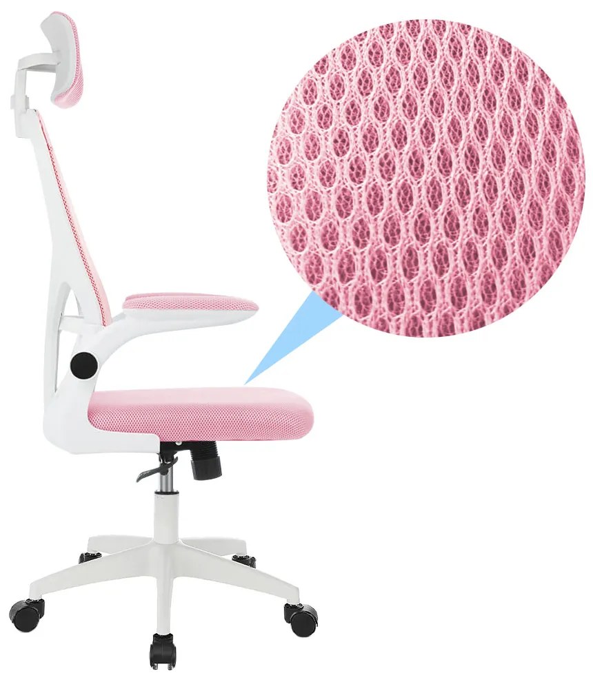 Ergonomikus irodai szék deréktámasszal, fejtámlával, rózsaszín