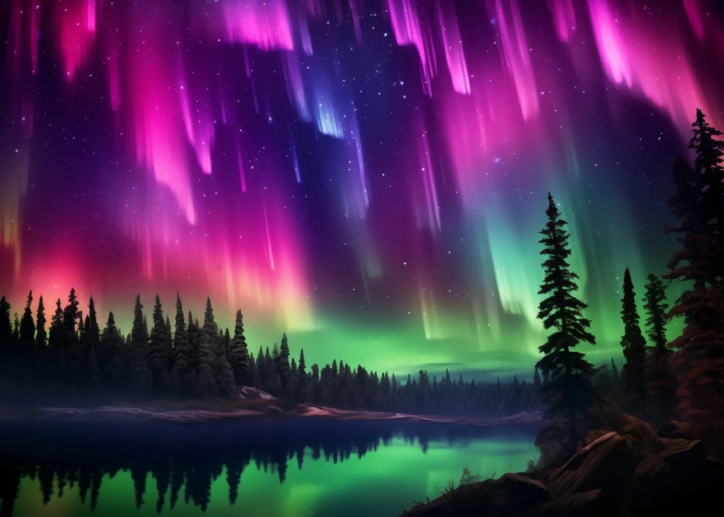 Poszter 70x50cm Északi fény az erdő felett