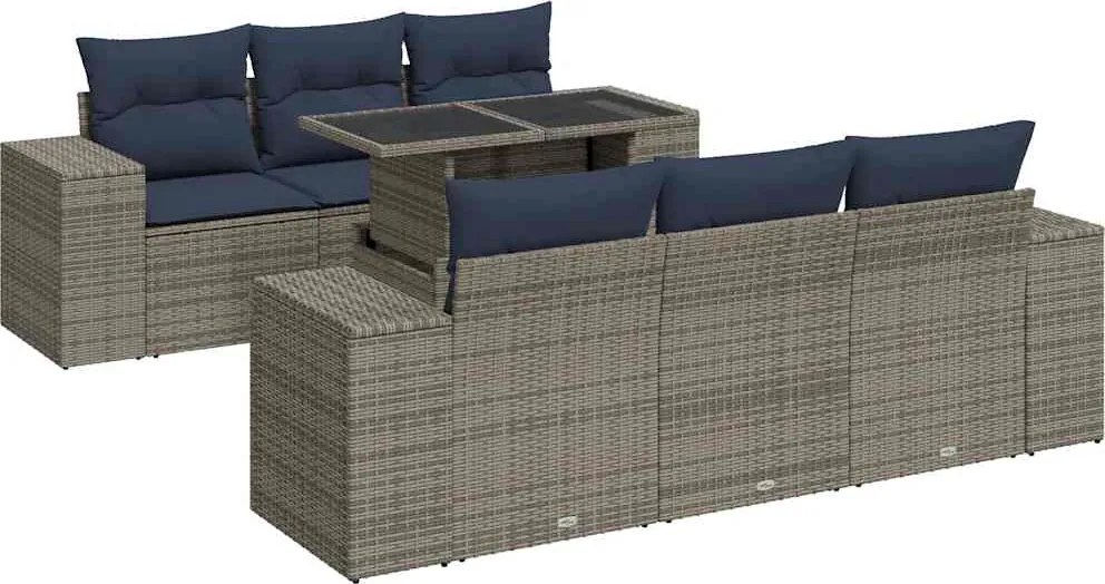 vidaXL 7 részes szürke polyrattan akácfa kerti ülőgarnitúra párnákkal