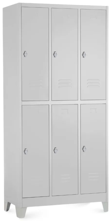 Fém szekrény - 6 doboz, 90 x 45 x 195 cm, fix lábakkal, lakathoz zár, világos szürke - ral 7035