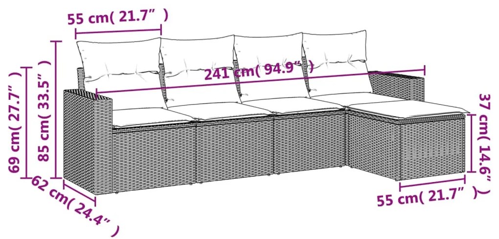 5 részes világosszürke polyrattan kerti ülőgarnitúra párnákkal