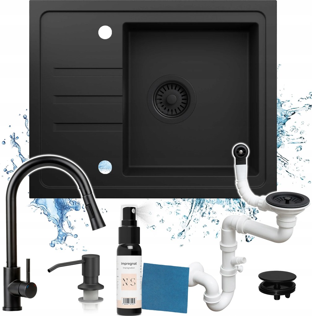 Gránit Mosogatótál Szett, Egymedencés, Csepegtetővel, Fekete, Kicsi, 55x44cm