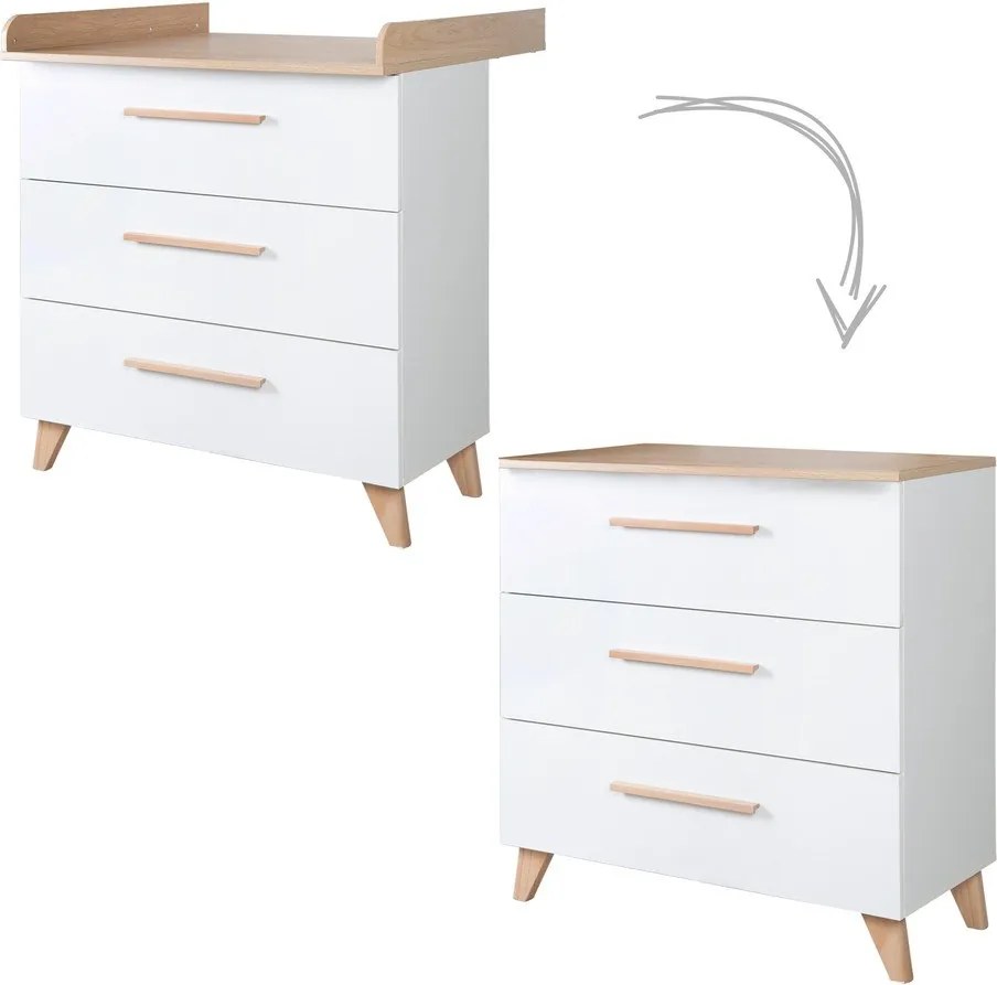 Fehér gyerek komód pelenkázó feltéttel, tölgyfa dekorral 88,5x99x76 cm Léon – Roba