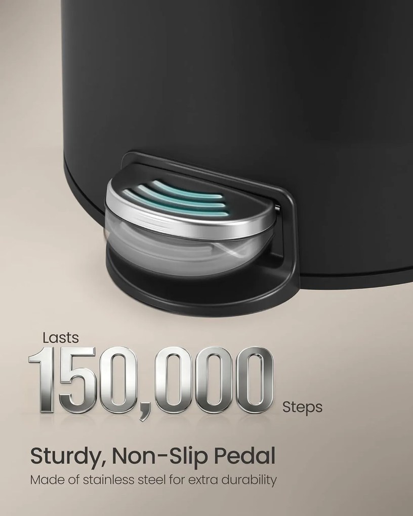 Fém kerek konyhai szemetes, 30 L, pedálos, műanyag belső vödörrel, fekete