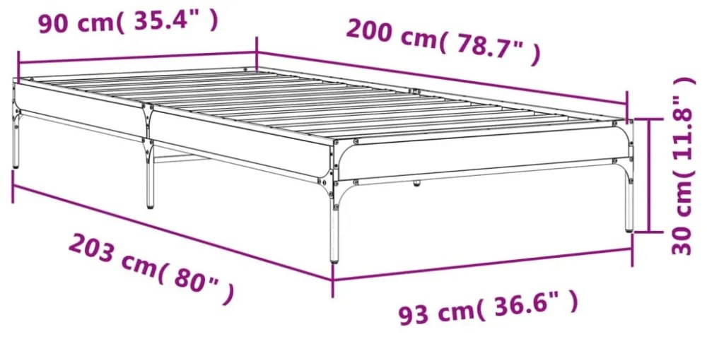 sonoma tölgyszínű szerelt fa és fém ágykeret 90 x 200 cm