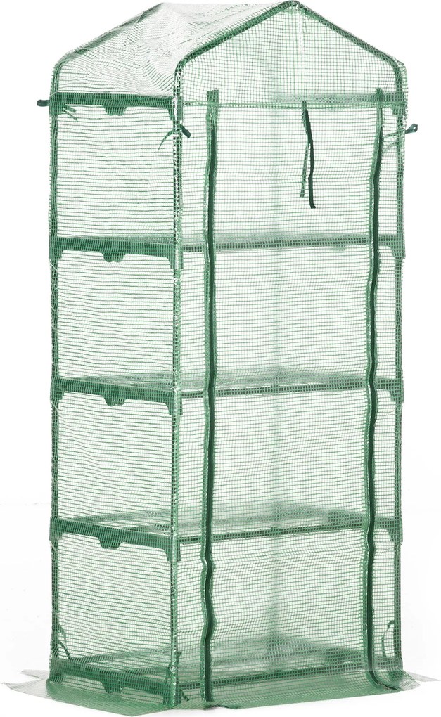 Outsunny Kerti Üvegház 4 Polccal és PE Borítással, Csőacél Otthoni Tűzhely Üvegház Növények és Virágok Neveléséhez, 70x50x160 cm Zöld | Aosom