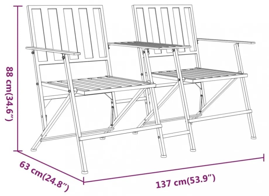 kétszemélyes fekete acél összecsukható kerti pad 137 cm