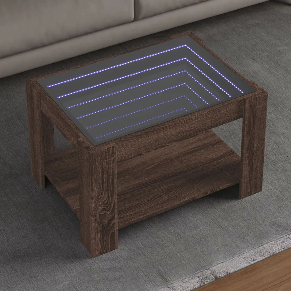 Barna tölgy szerelt fa dohányzóasztal LED-del 73 x 53 x 45 cm