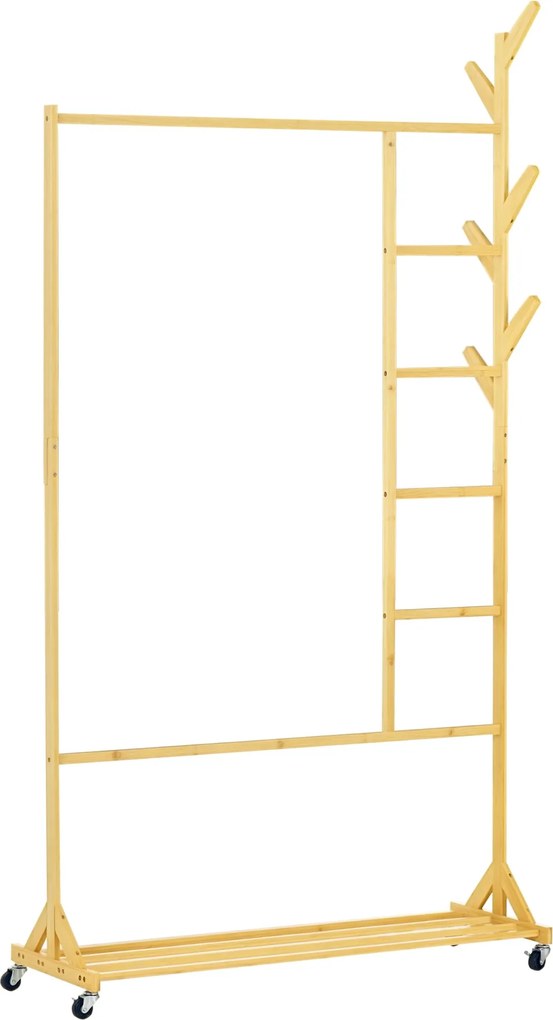 HOMCOM Bambusz Álló Ruhafogó Kerekekkel Kabáttartó 6 Kampóval, Akasztósrúddal és Polccal Előszobába, Hálószobába 100x37x191 cm Természetes | Aosom
