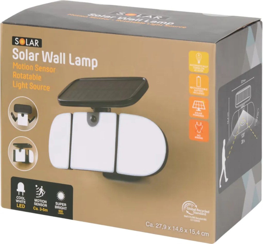 Napelemes Kerti Lámpa Szürkületi Mozgásérzékelővel, Forgatható, Automata