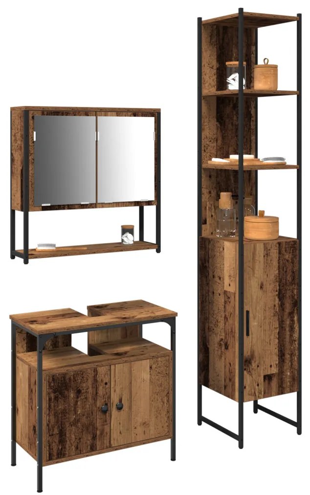 vidaXL Fürdőszoba bútor szett polcokkal ajtóval 3 pcs Öreg fa Faanyag