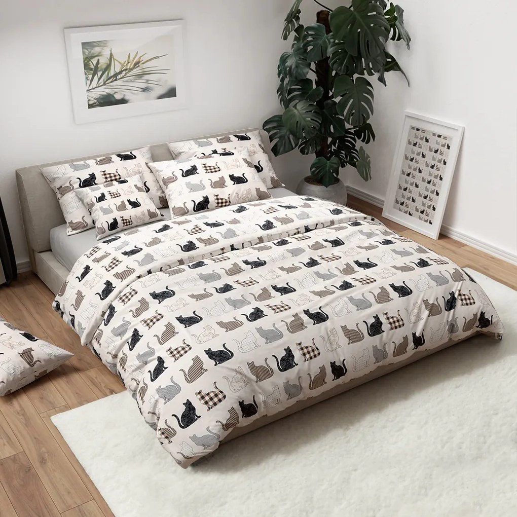 Renforcé pamut ágynemű PATTERNED CATS bézs Ágyneműhuzat mérete: 2 db 70 x 90 cm | 200 x 220 cm