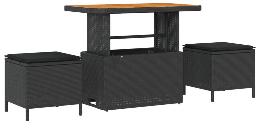8 Részes Kerti Sofa Szett Párnákkal Fekete Polirattan Akácia, 2-Fős Kerti Sofa Párnákkal Fekete Polirattan, 3 Részes Kerti Étkező Szett Párnákkal Fekete Polirattan Akácia