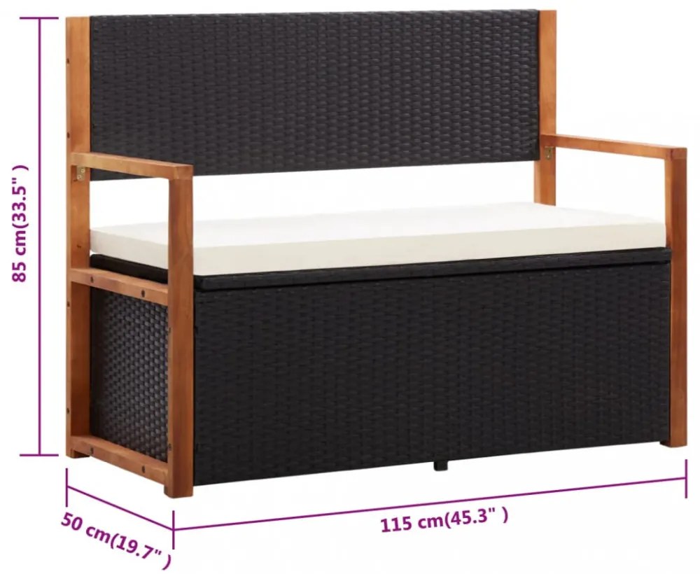 fekete polyrattan és tömör akácfa tárolópad 115 cm