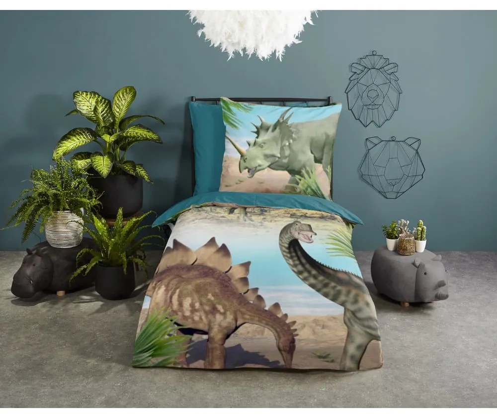 Zöld-kék egyszemélyes pamut gyerek ágyneműhuzat 140x200 cm Dino – Good Morning