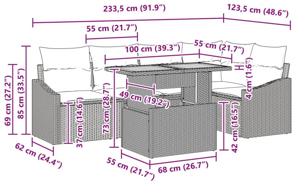 6 darabos kerti étkező szett párnákkal bézs poli rattan akácia