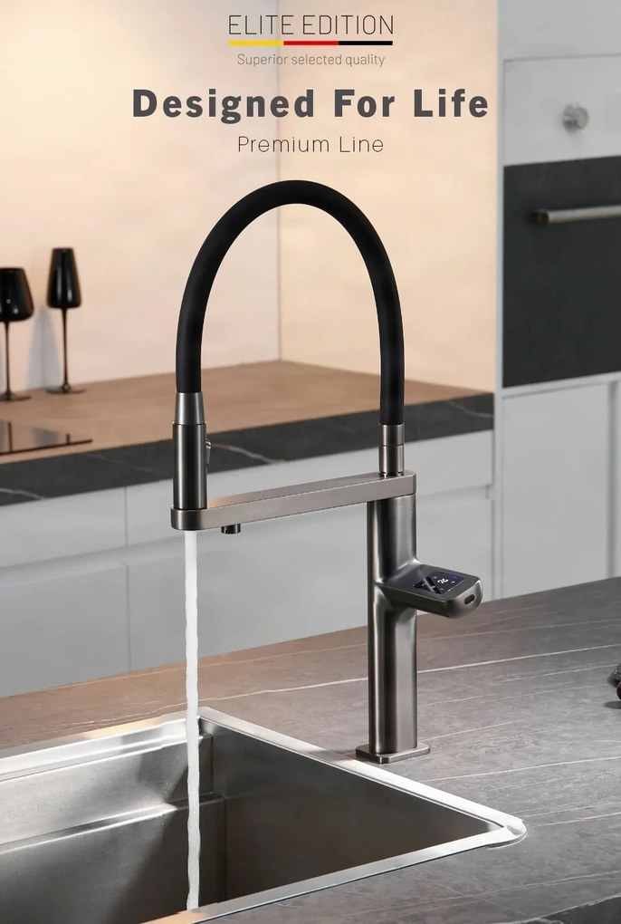 Konyhai csaptelep ELITE EDITION KFS1814 érzékelővel, kihúzható zuhanyfejjel és szűrtvíz-kifolyóval, több színváltozatban — Gunmetal szürke