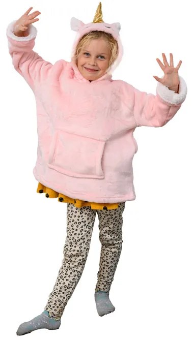 HOODIE UNICORN rózsaszín gyermek ujjas pléd ujjal és kapucnival
