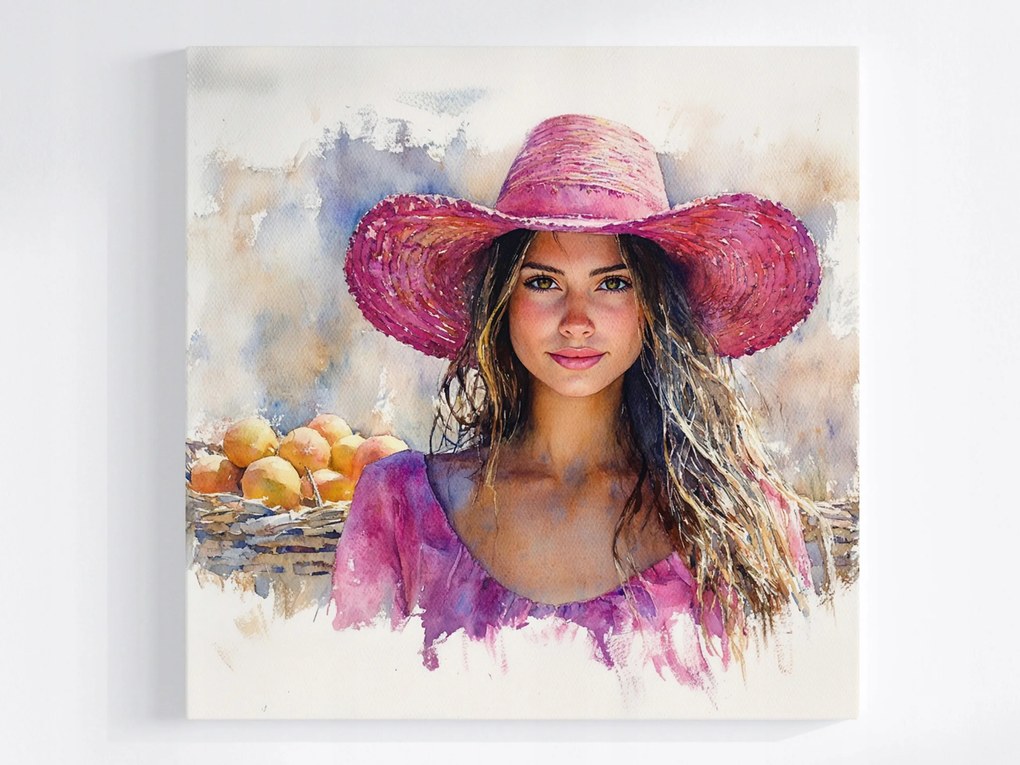 Poszter Nő Rózsaszín Kalapban Akvarell Nyár 40x40