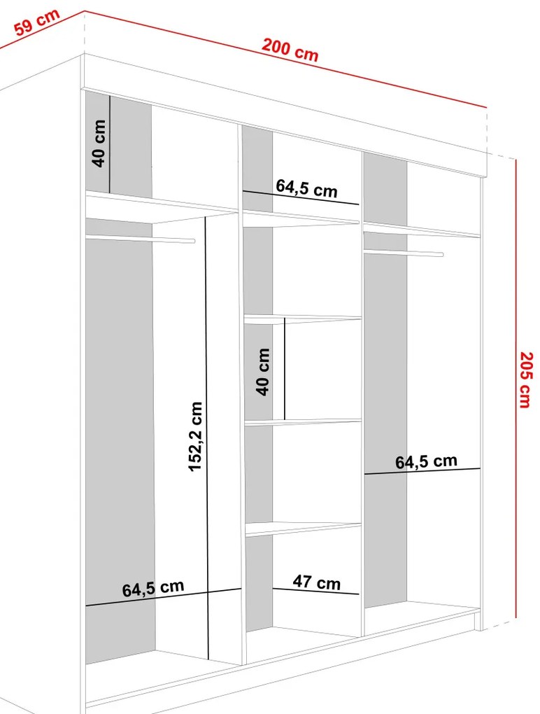 Malani 200 Tolóajtós Szekrény 200cm, Arany Tölgy