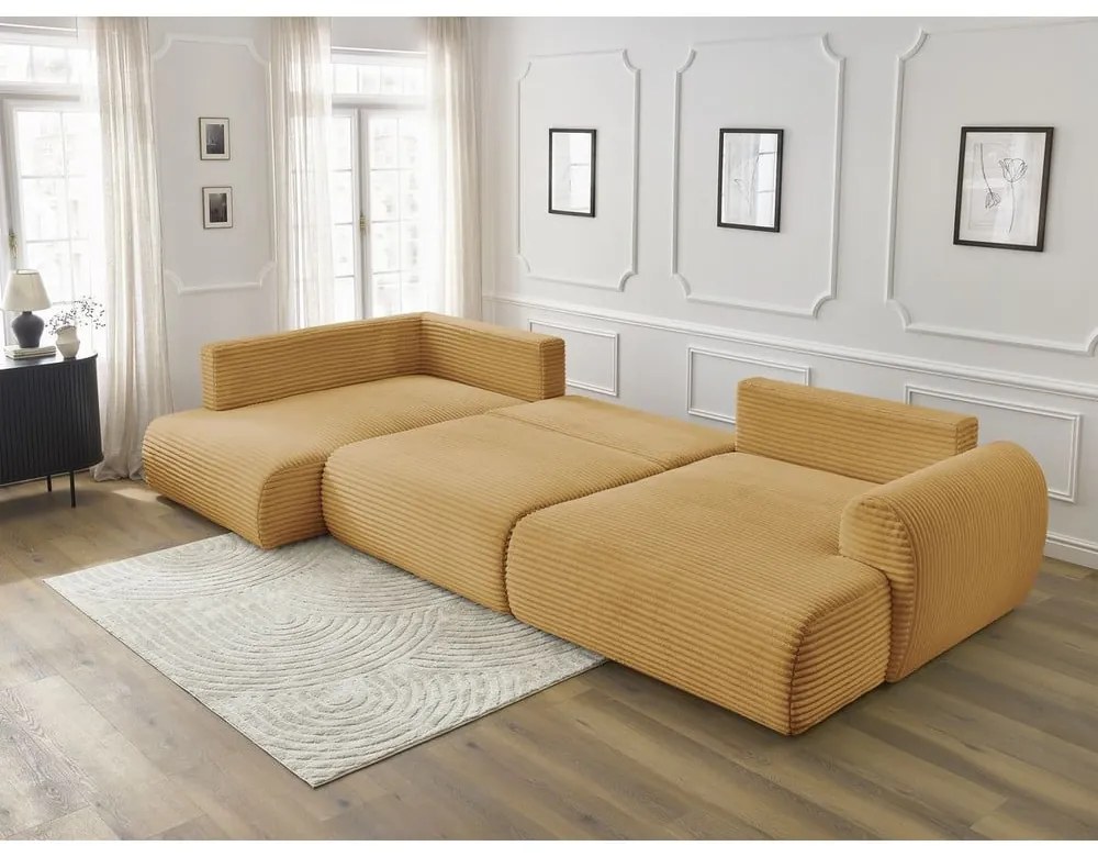 Mustársárga kordbársony kinyitható-tárolóhelyes sarokkanapé (bal oldali-U alakú) Lucien – Bobochic Paris
