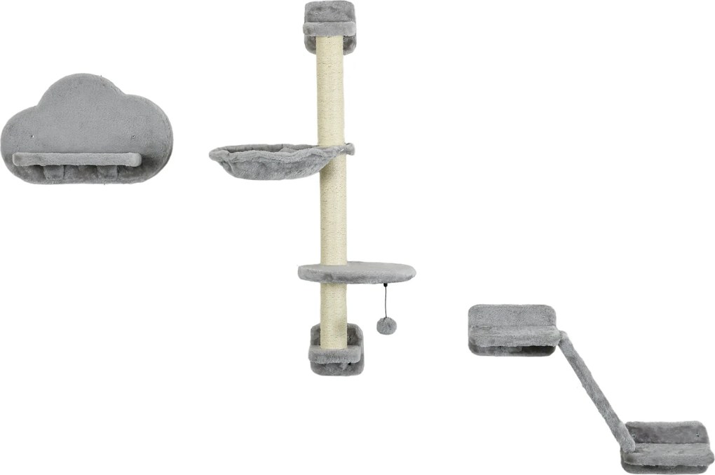 PawHut 3 részes fali macskamászó szett – függőággyal, kaparórámpával és ugróplatformmal, szürke | Aosom