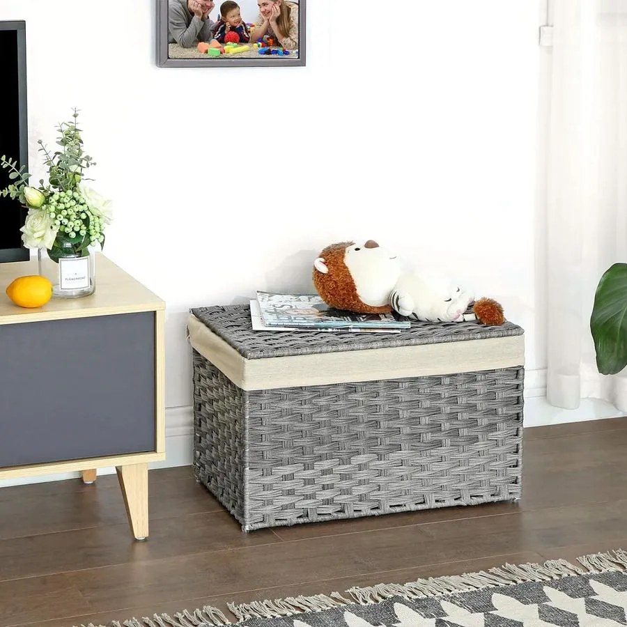 Rattan stílusú tárolódoboz, tároló kosár, 65 literes, szürke
