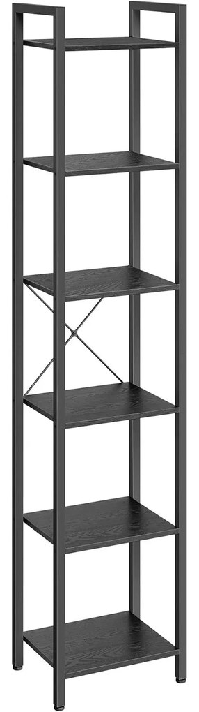 6 szintes könyvespolc, állópolc, fém kerettel, fekete