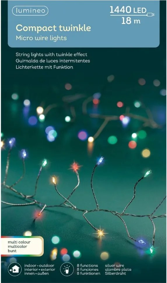 Micro fényfüzér 1400 LED-es karácsonyfa izzó, drótos, Sűrű, Multikolor, 18m