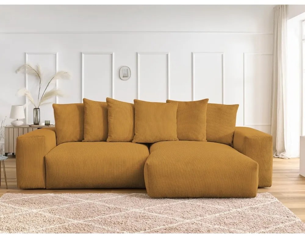 Mustársárga kordbársony kinyitható-tárolóhelyes sarokkanapé Voltaire – Bobochic Paris