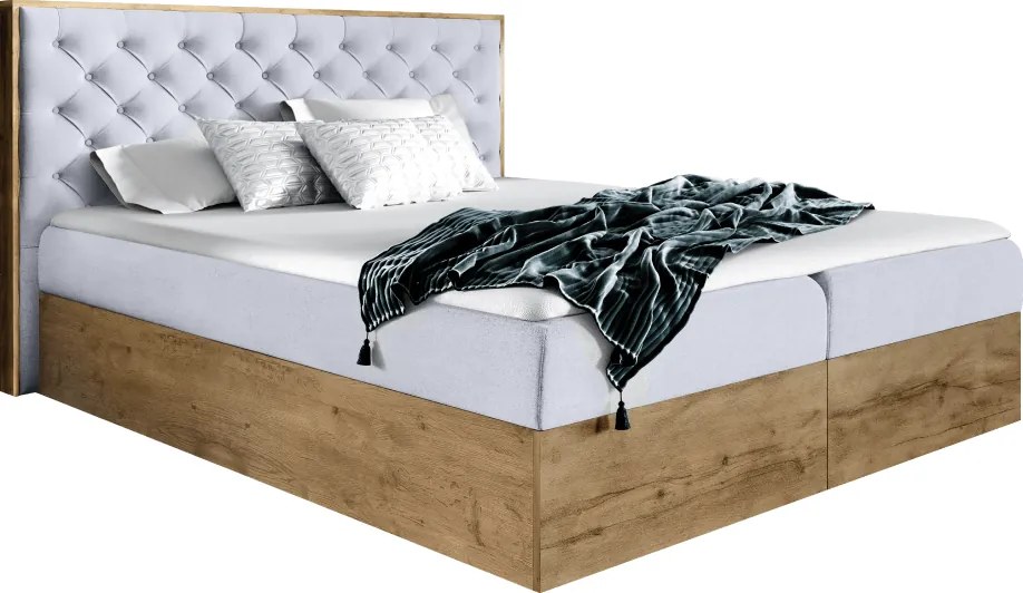 Boxspring ágy, 200x200, szürke Paros szövet/lancelot tölgy, WOOD 3
