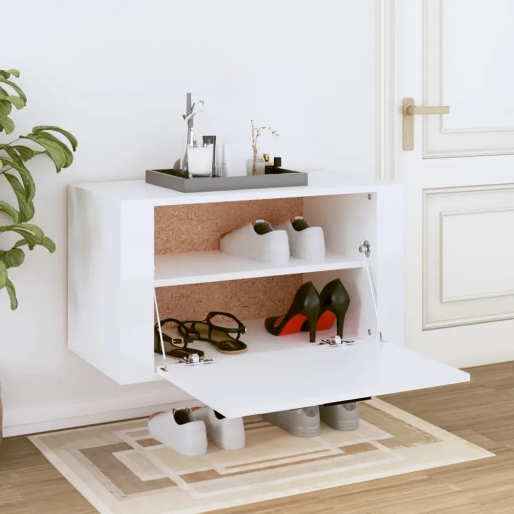 magasfényű fehér szerelt fa fali cipőszekrény 70 x 35 x 38 cm
