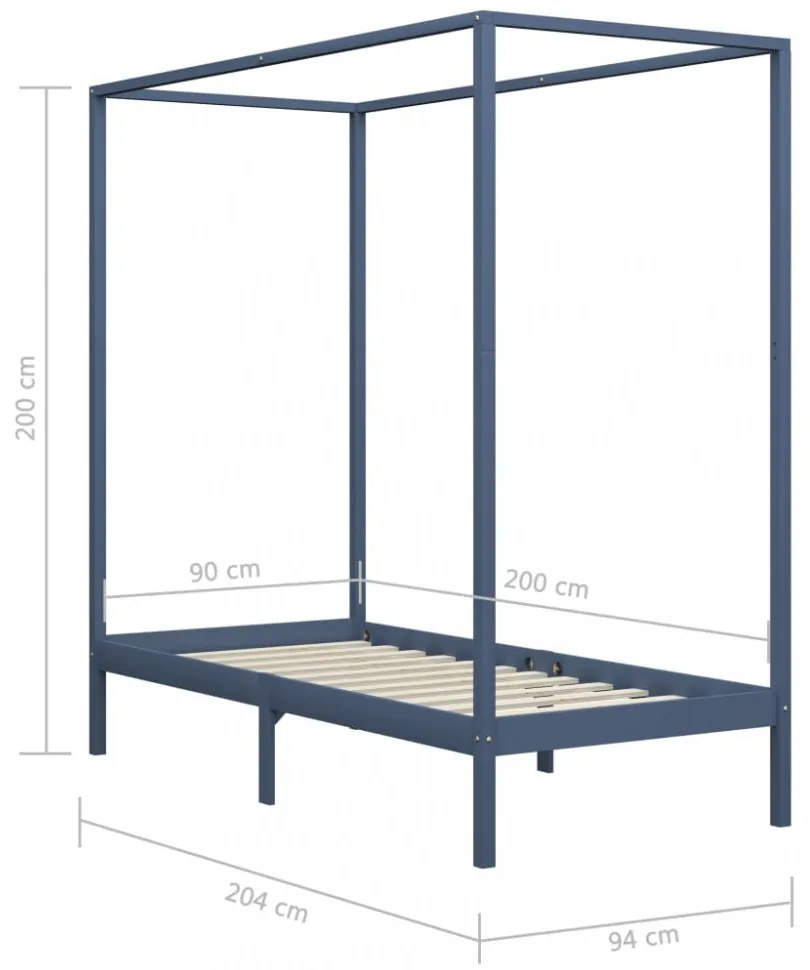 szürke tömör fenyőfa baldachinos ágykeret 90 x 200 cm