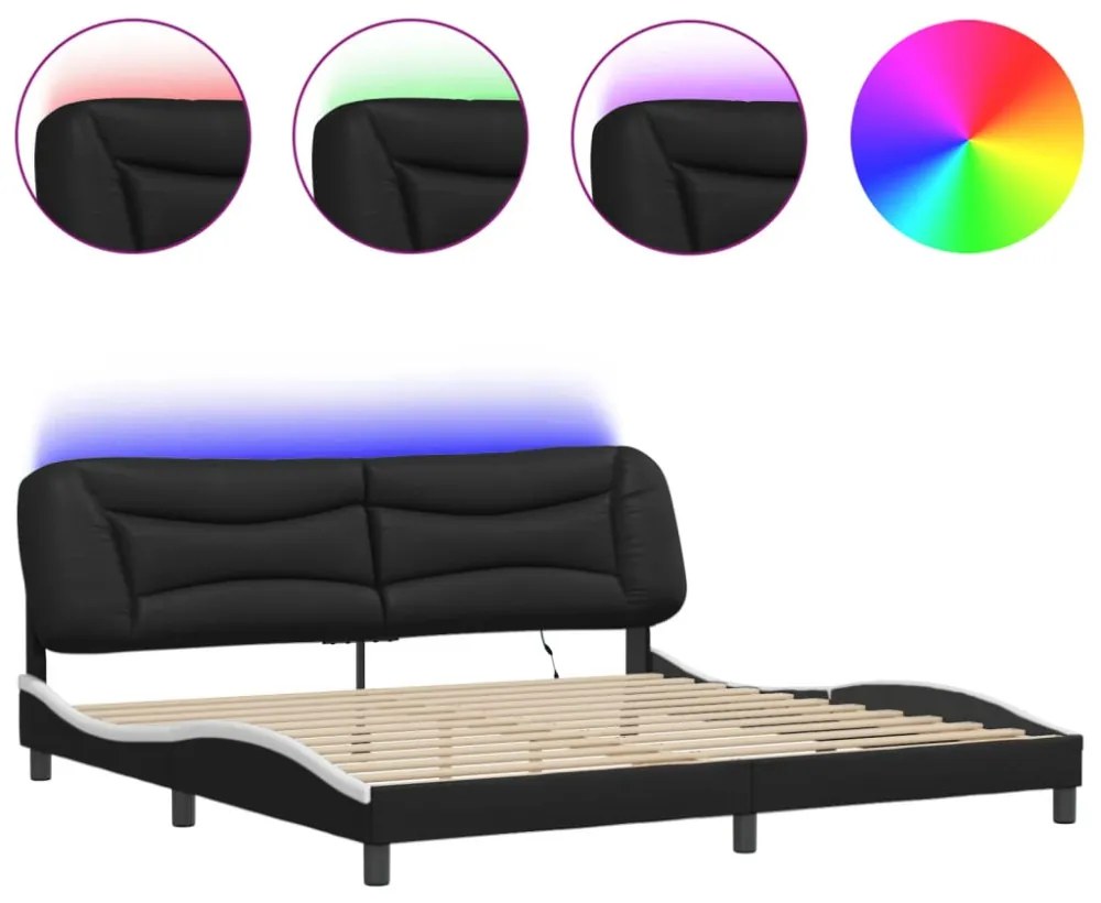fekete és fehér műbőr ágykeret LED-világítással 200x200 cm