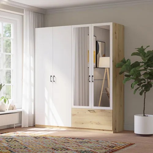 Gardróbszekrény Tölgy/Matt Fehér Színben, Tükörrel. 180 cm. ALTA