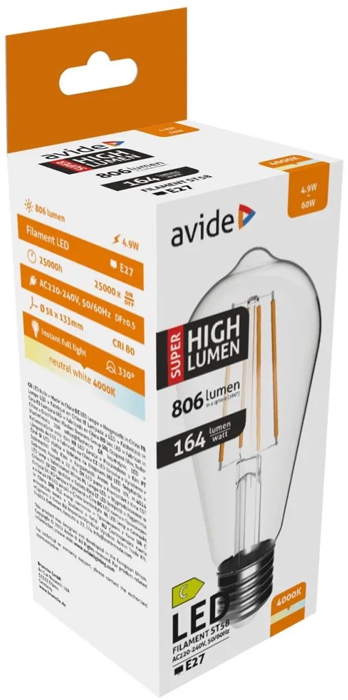 Avide LED Filament ST58 4.9W E27 NW 4000K Super High Lumen