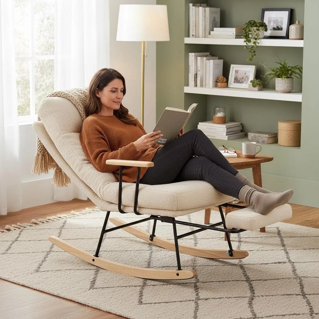 Hintaszék fa lábakkal, plüss szövettel, 4 fokozatban állítható háttámlával, krémfehér