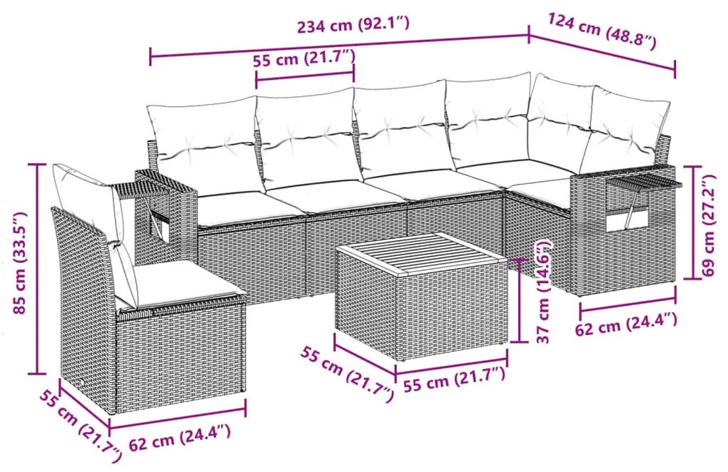 7 részes bézs polyrattan kerti ülőgarnitúra párnákkal