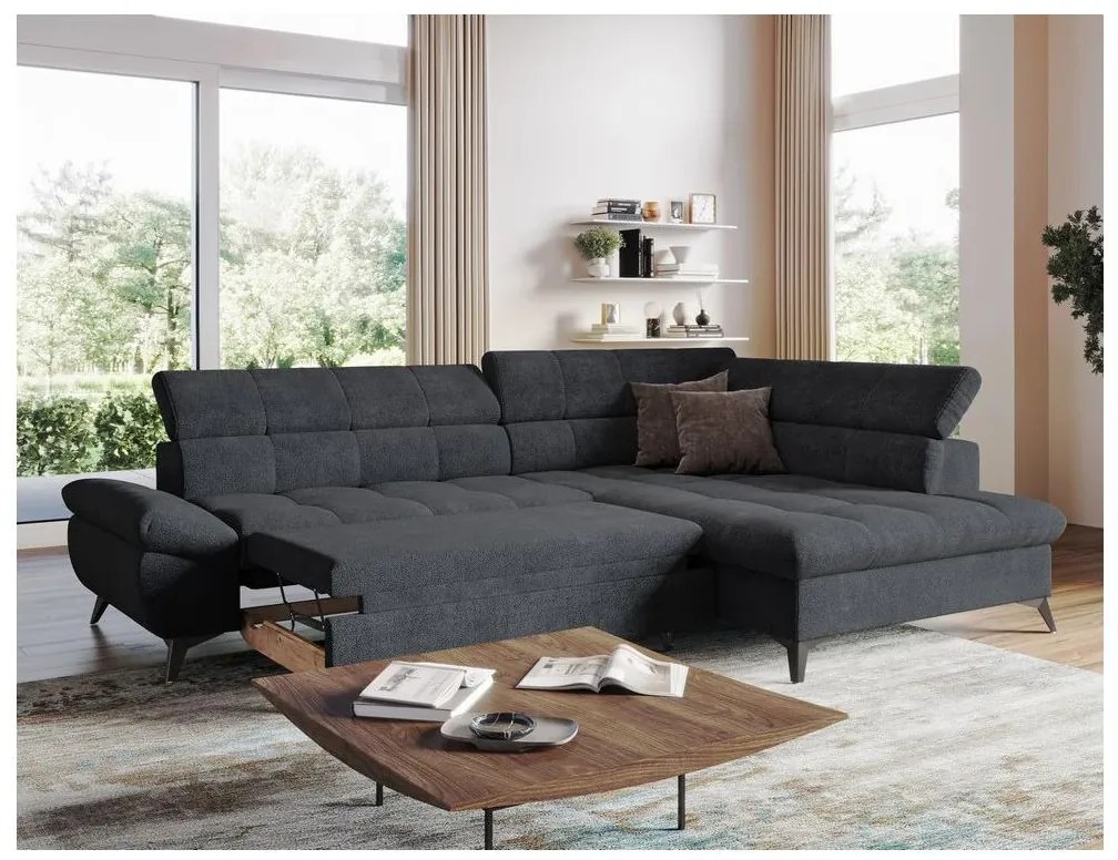 Fekete, jobbos MARANO L-alakú kihúzható sarokkanapé