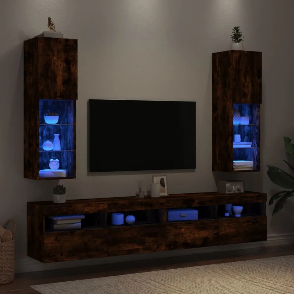 2 db füstös tölgy színű TV-szekrény LED-ekkel 30,5x30x102 cm